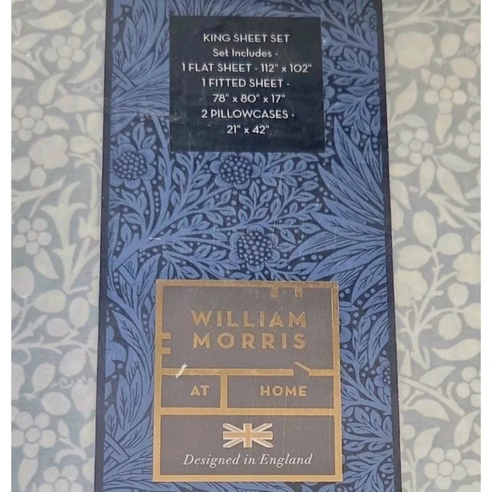 William Morris Cotton Percale Floral King Sheet Set of 4 Tonal Clover Soft Blue